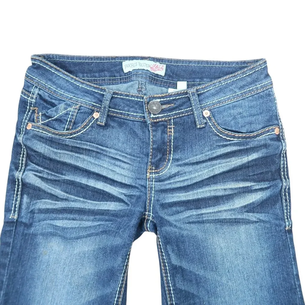 Vintage Y2K Paris Blues Low Rise Bermuda Jean Shorts Whisker Wash 3